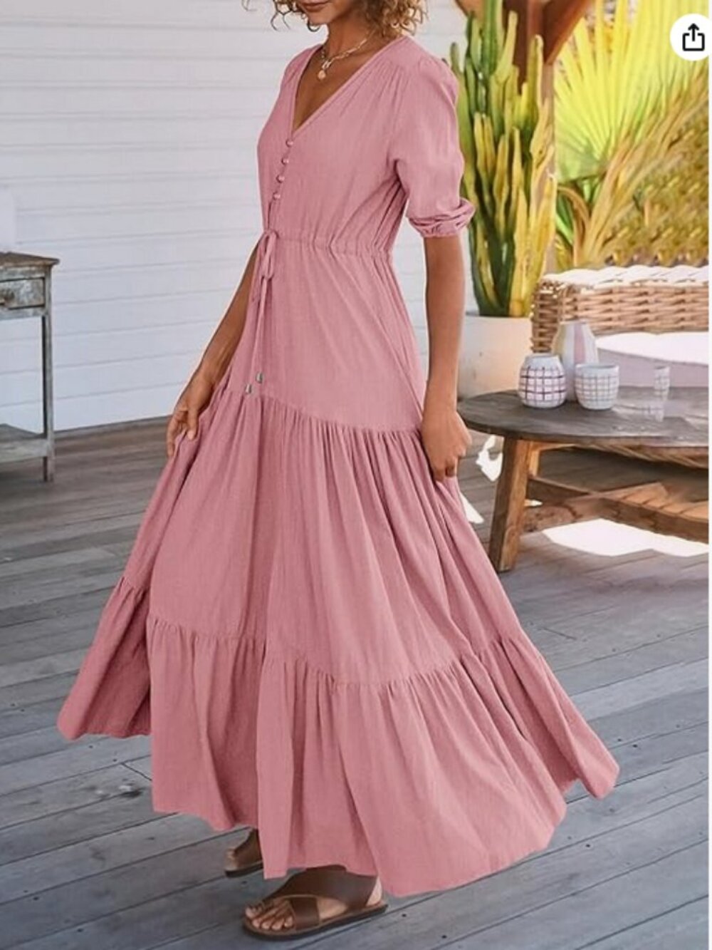 Blush Tiered V-Neck Maxi Dress with Drawstring Waist, NWT, S